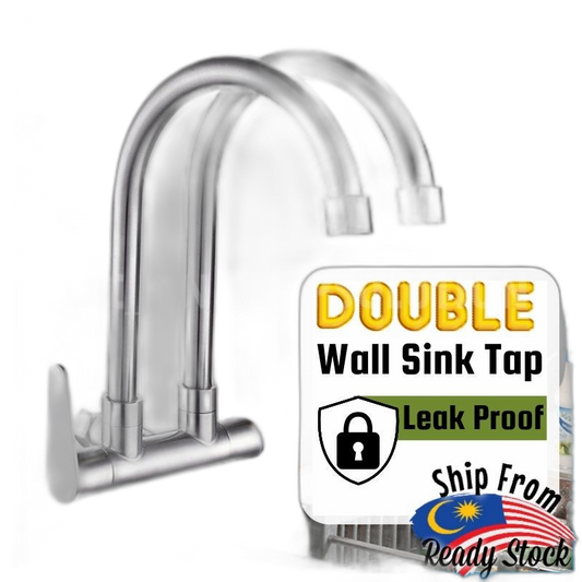 C&C SANIX Stainless Steel Kitchen Faucet Double Tap Dish Sink Wall Bathroom Basin Single Cold Two Way Water Tap