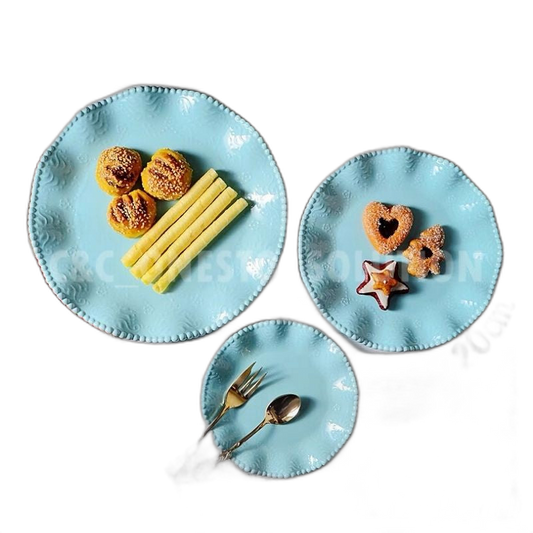 C&C Tiffany Blue Ceramic Tableware Underglaze Ceramic Plate Unique Design Round Serving Plate Set Perfect for Steak