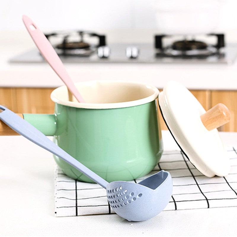 2 in 1 Long Handle Soup Spoon Colander Home Strainer Cooking Tools Wheat Straw Scoop Ladle