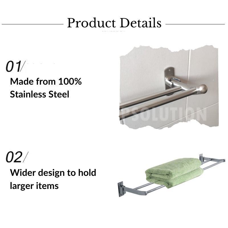 C&C SANITARIO 60/80 CM Stainless Steel Wall Mounted Foldable Double Towel Bar With Fixing Screws Penyangkut Tuala