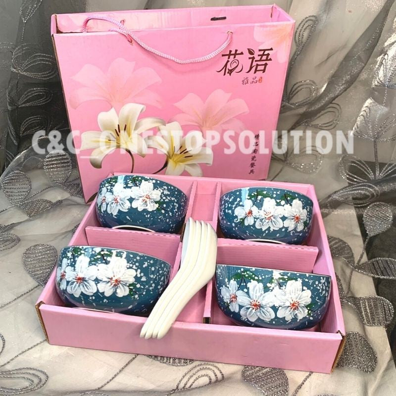 4pcs Ceramic Bowl Gift Set Ceramic Bowl Chopstick Spoon Set Ceramic Bowl Set Tableware Set