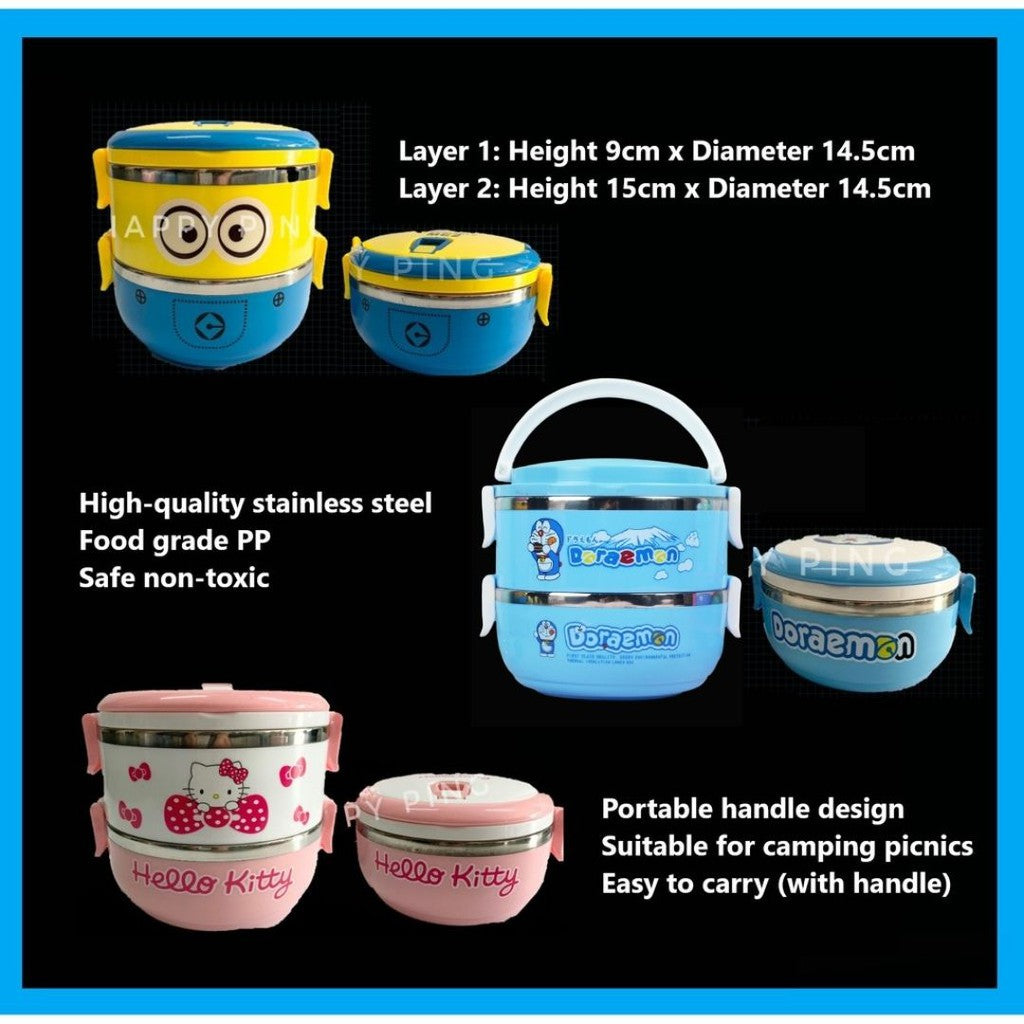 Cartoon 1 and 2 layer Stainless Steel Thermal Lunch Box Tupperware Doraemon Lunch Box Hello Kitty Lunch Box Minions