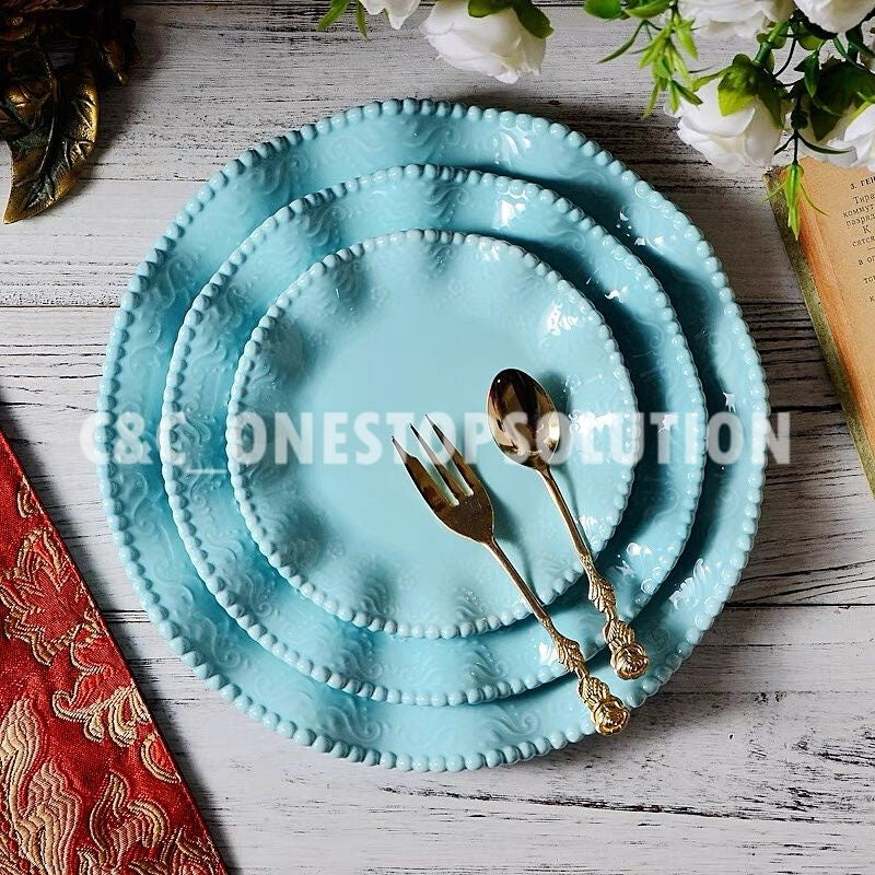 C&C Tiffany Blue Ceramic Tableware Underglaze Ceramic Plate Unique Design Round Serving Plate Set Perfect for Steak