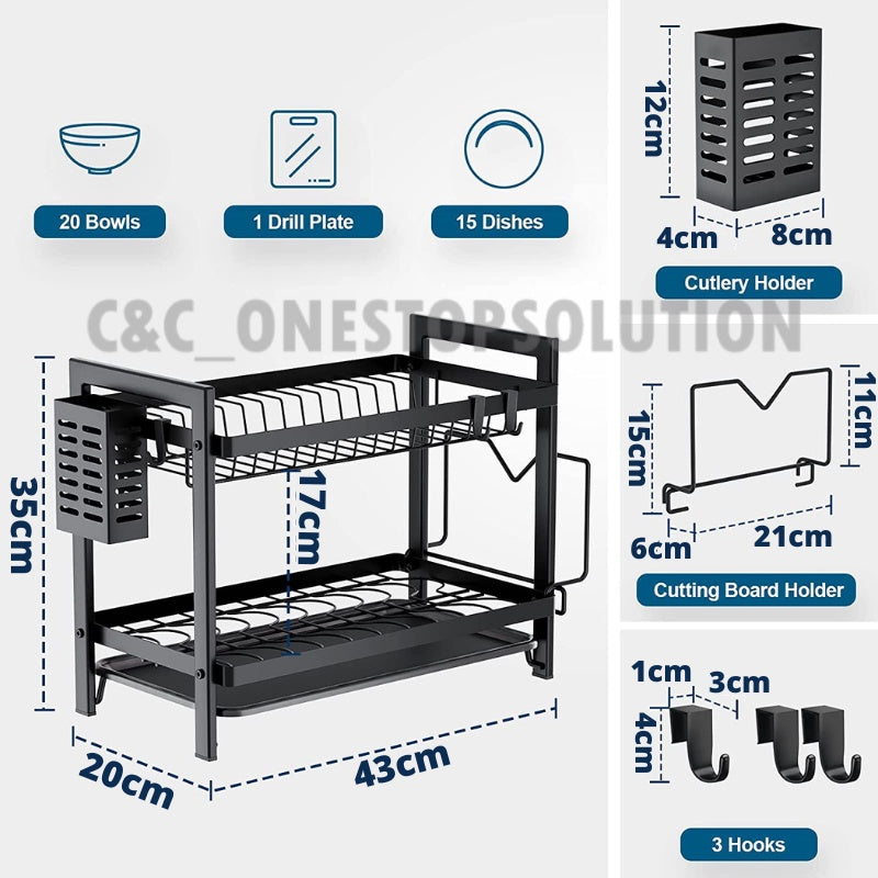 C&C Black Gold 2 Tier Dish Rack Rak Pinggan Stainless Steel Kitchen Dish Drainer Nordic Style Rak Pengering Pinggan