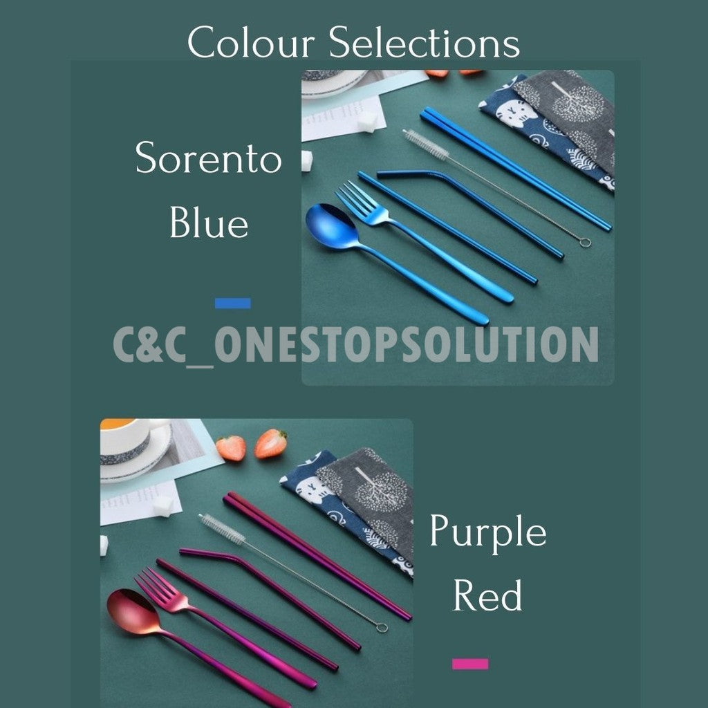 Stainless Steel Cutlery Set with Reusable Straw Set 7 In 1 Utensil Spoon Fork Chopstick Set Reusable Metal Cutlery Set (