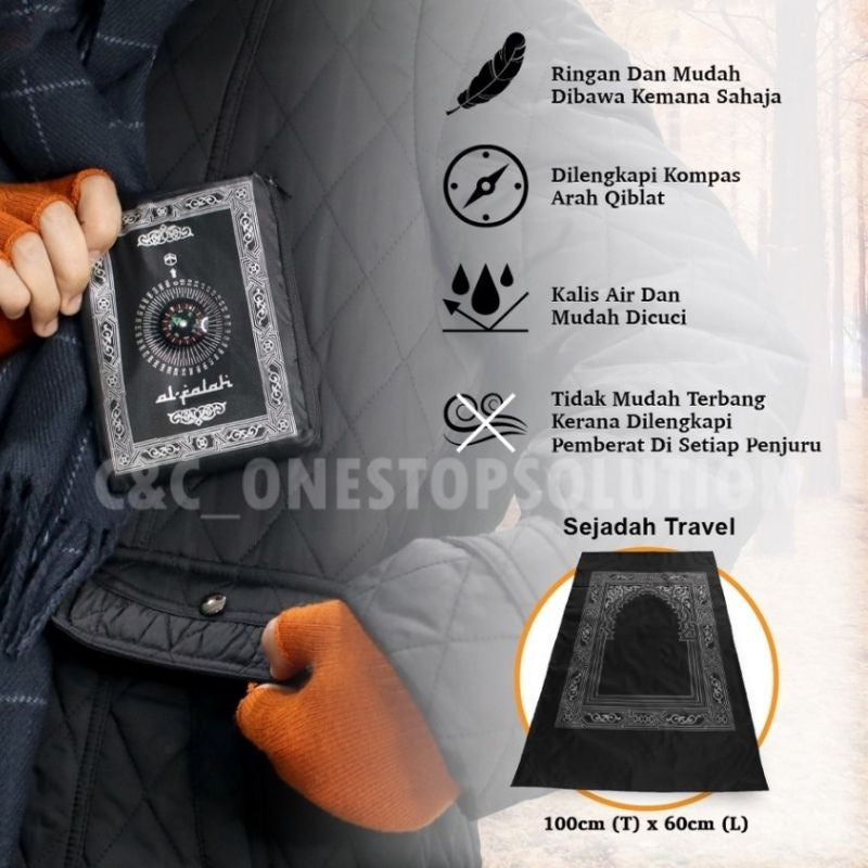 Sejadah + Kompas Kiblat - Solat Doa Sembahyang Muslim Ramadan Travel Carpet Compass Pocket Size Sejadah + Sarung