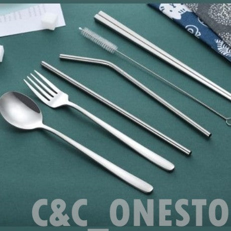 Stainless Steel Cutlery Set with Reusable Straw Set 7 In 1 Utensil Spoon Fork Chopstick Set Reusable Metal Cutlery Set (