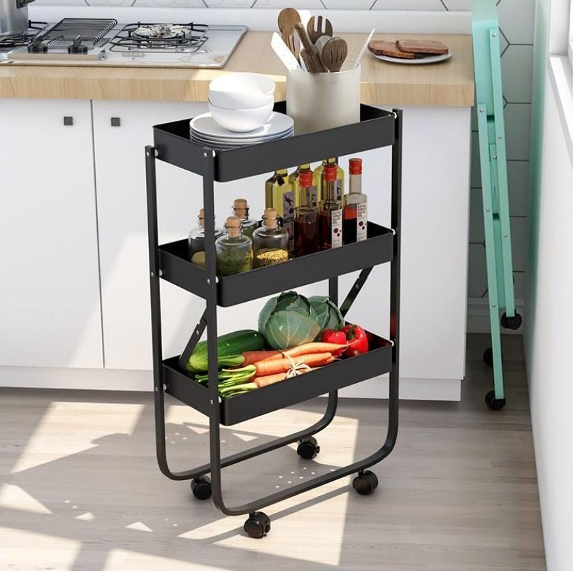 FOLDABLE TROLLEY 3 TIER STEEL TROLLEY STORAGE RACK PORTABLE KITCHEN ORGANISER Office Shelves BLUE/black