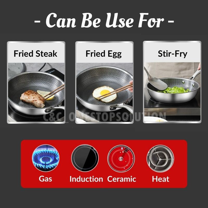 Premium 304 Stainless 30cm Non-Stick Wok Double-Sided Honeycomb Frying Pan 304