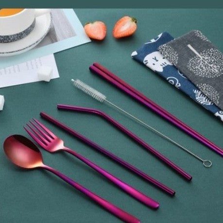 Stainless Steel Cutlery Set with Reusable Straw Set 7 In 1 Utensil Spoon Fork Chopstick Set Reusable Metal Cutlery Set (