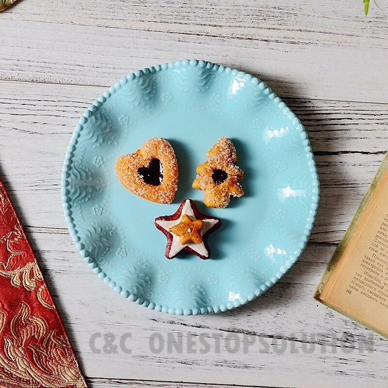 C&C Tiffany Blue Ceramic Tableware Underglaze Ceramic Plate Unique Design Round Serving Plate Set Perfect for Steak
