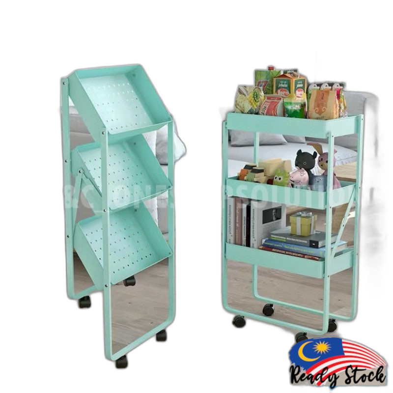 FOLDABLE TROLLEY 3 TIER STEEL TROLLEY STORAGE RACK PORTABLE KITCHEN ORGANISER Office Shelves BLUE/black