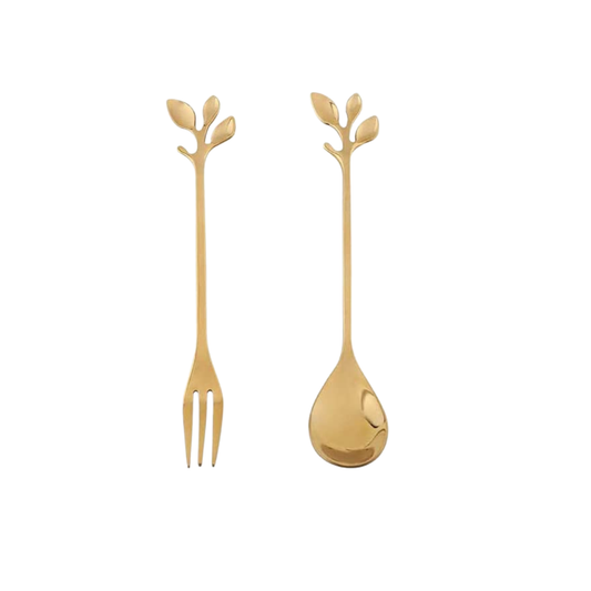 Golden Leaf Tea Spoon Fork Coffee Tea Stir Stainless Steel Golden Plated Stainless Steel Gold Spoon Milk Tea Dessert