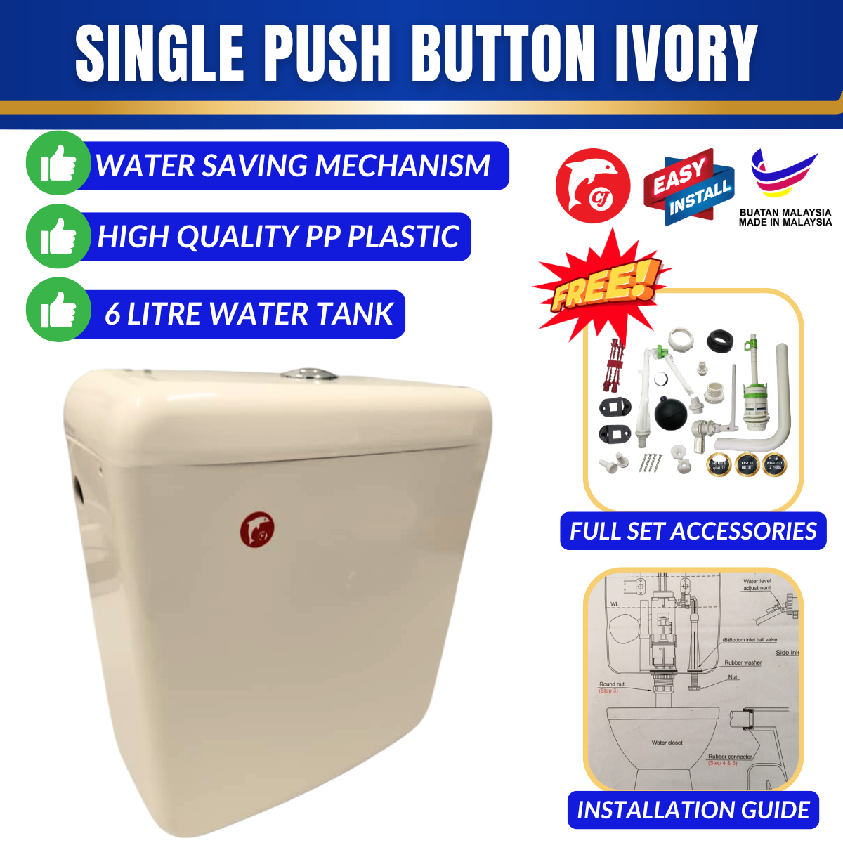 Toilet Water Tank Single Push Button - Ivory