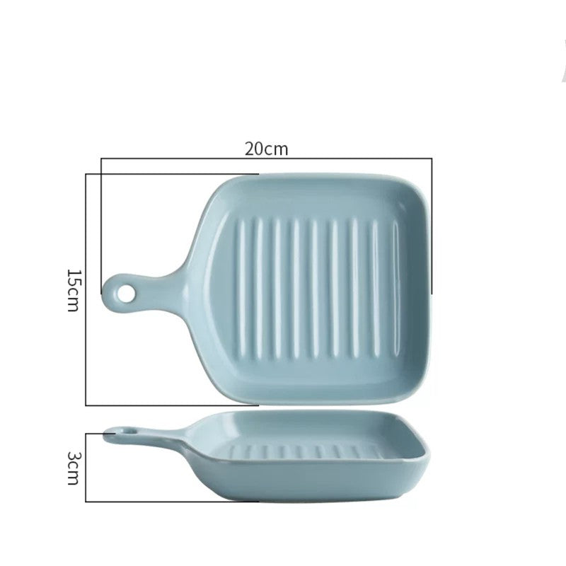 Nordic Style Ceramic Baking Plate With Handle  Square Cheese Baked Rice Pan Handle Cookware Bakeware Plates