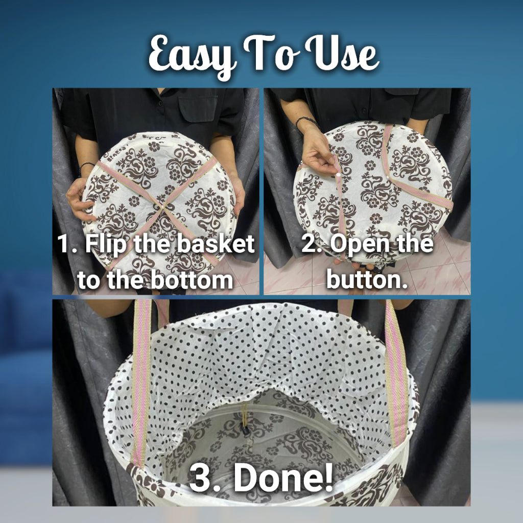 Foldable Laundry Large Basket Cloth Storage Metal Spring Frame Collapsible Washable AutoOpen Basket Foldable Bakul