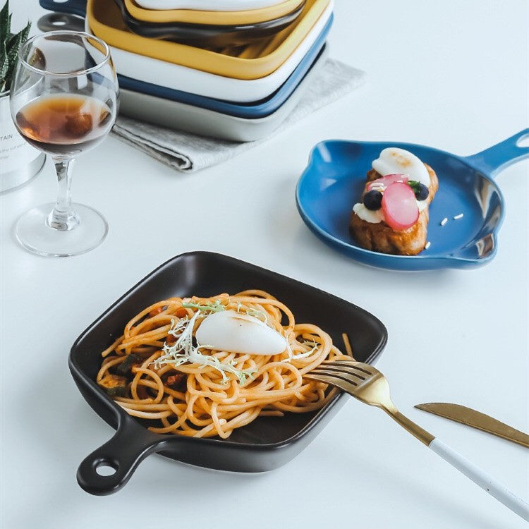 Nordic Style Ceramic Baking Plate With Handle  Square Cheese Baked Rice Pan Handle Cookware Bakeware Plates