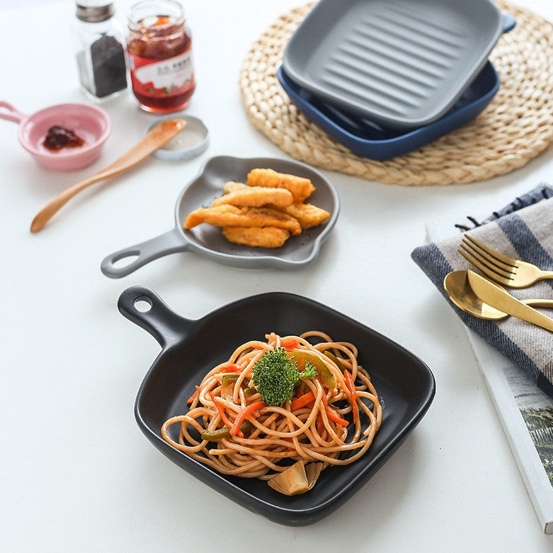 Nordic Style Ceramic Baking Plate With Handle  Square Cheese Baked Rice Pan Handle Cookware Bakeware Plates