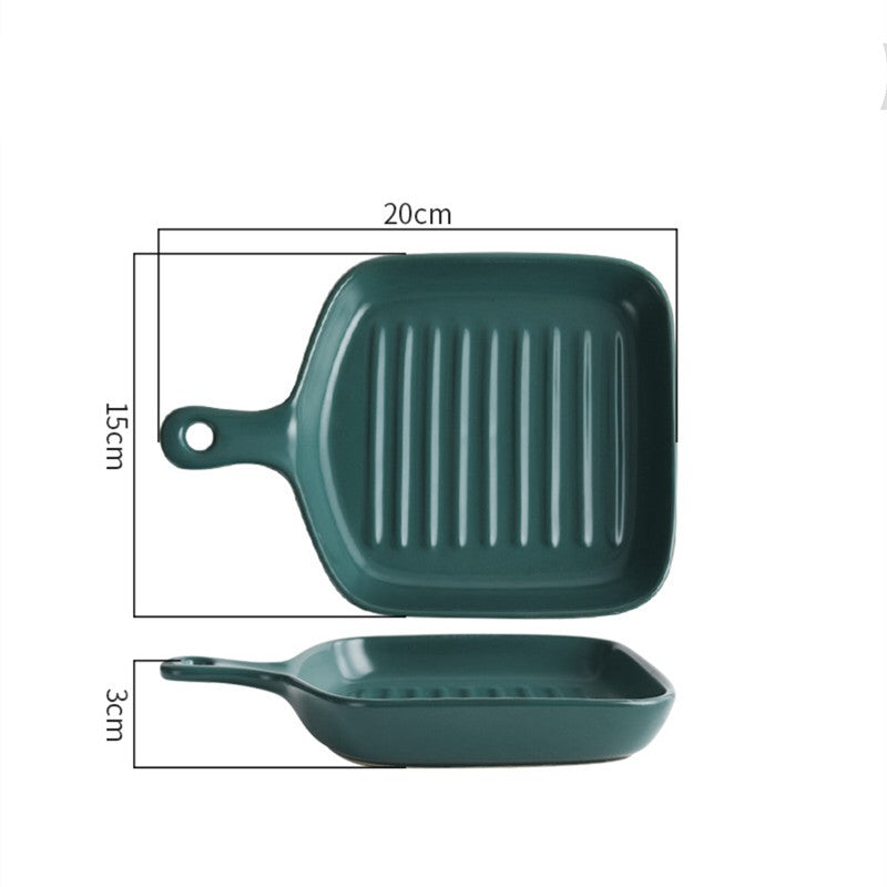 Nordic Style Ceramic Baking Plate With Handle  Square Cheese Baked Rice Pan Handle Cookware Bakeware Plates