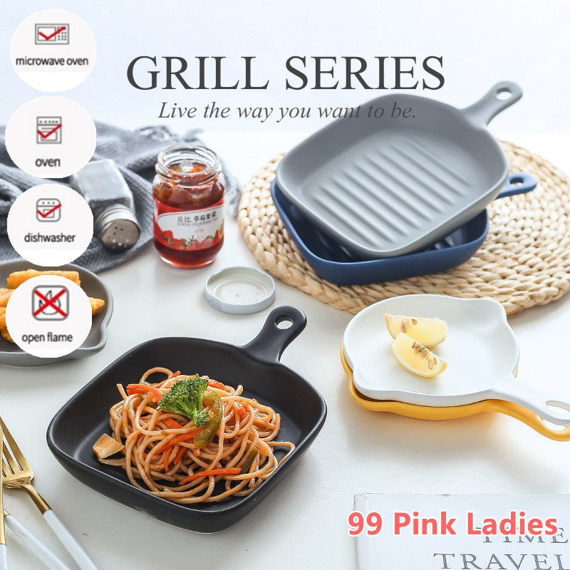 Nordic Style Ceramic Baking Plate With Handle  Square Cheese Baked Rice Pan Handle Cookware Bakeware Plates