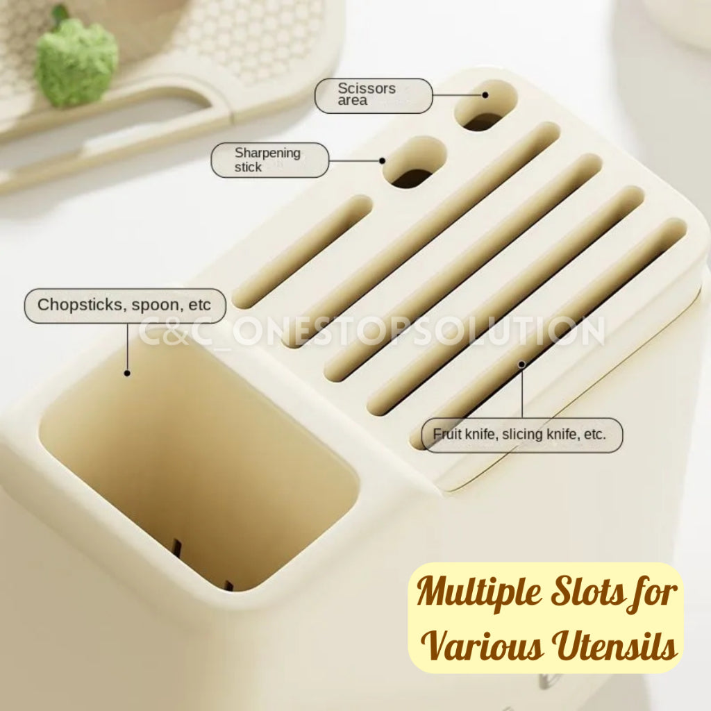 C&C Nordic-Styled Knife Holder Multipurpose Utensil Slots Aesthetic Appearance with Retractable Water Tray