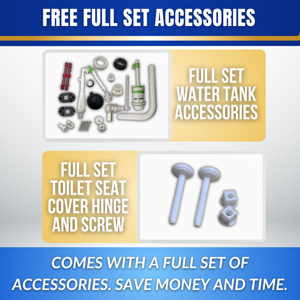C&C Full Set Toilet Water Tank Plastic Toilet Cistern + Toilet Seat Cover Combo With Free Accessories Screw Hinge Combo