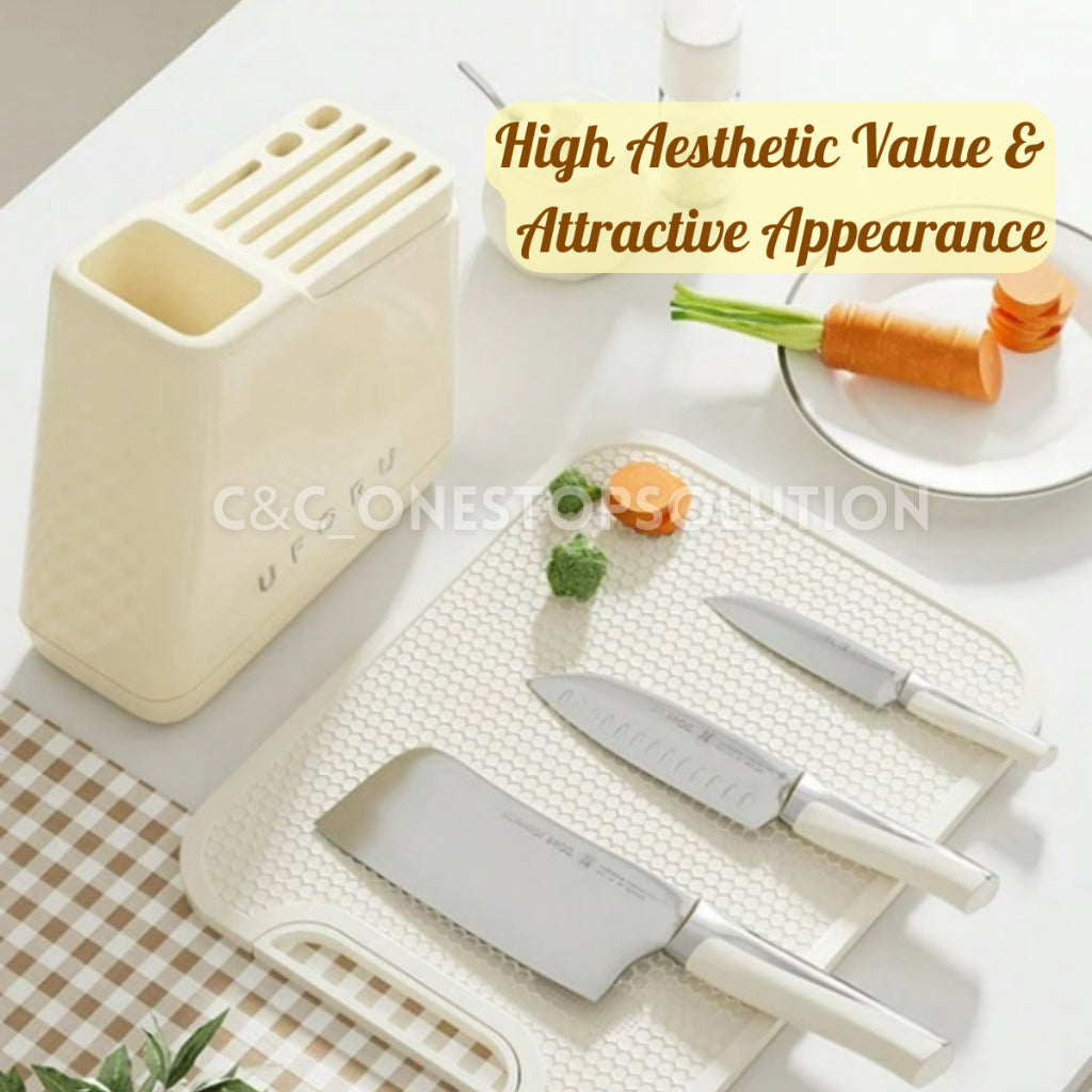 C&C Nordic-Styled Knife Holder Multipurpose Utensil Slots Aesthetic Appearance with Retractable Water Tray
