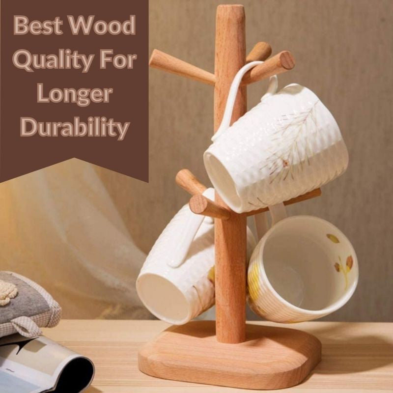 C&C Multipurpose Wooden Mug Cup Holder Tree Kitchen Stand Coffee Cup Rack With 6 Hooks Penyangkut Cawan