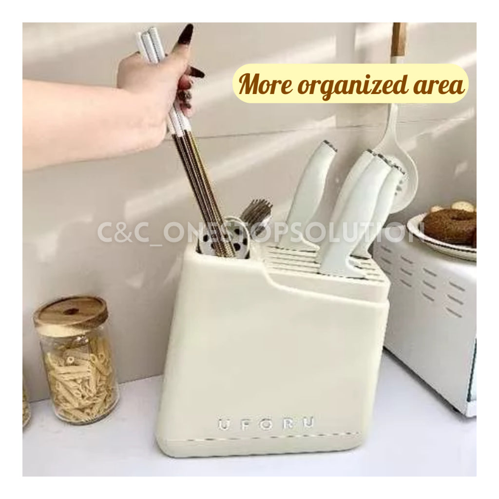 C&C Nordic-Styled Knife Holder Multipurpose Utensil Slots Aesthetic Appearance with Retractable Water Tray