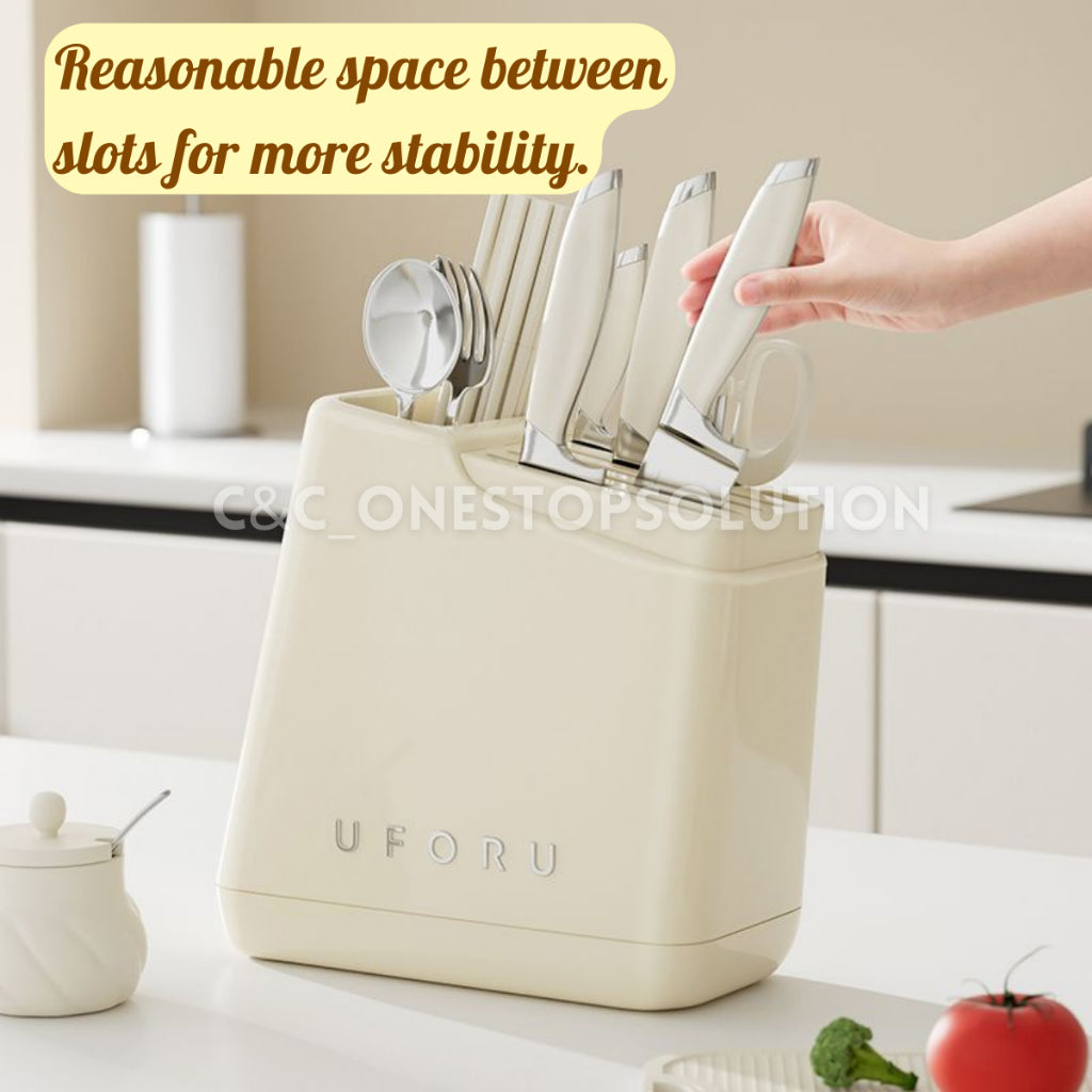C&C Nordic-Styled Knife Holder Multipurpose Utensil Slots Aesthetic Appearance with Retractable Water Tray