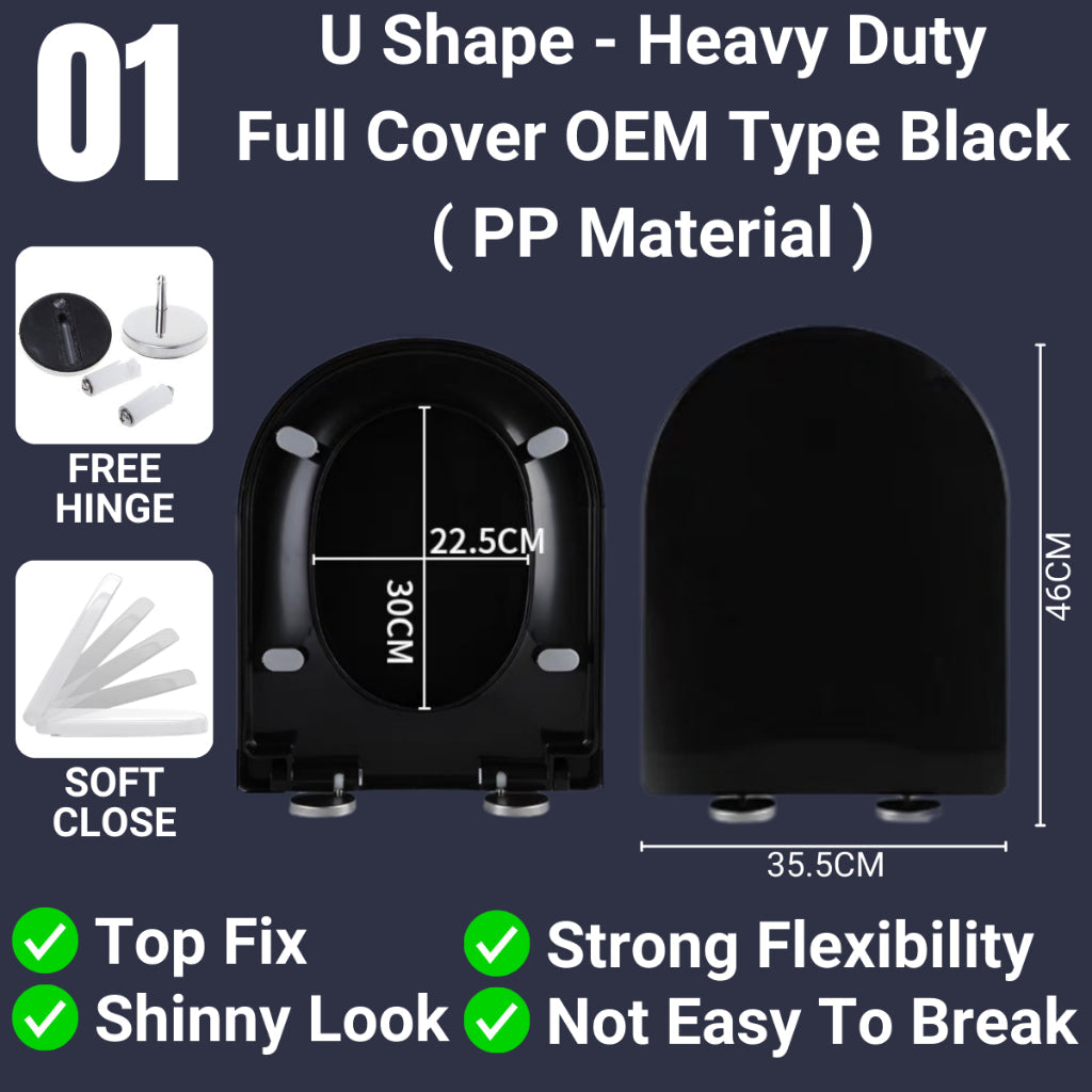 C&C Black U Shape Toilet Seat Cover With Soft Close Adjustable Hinge Penutup Mangkuk Duduk Tandas