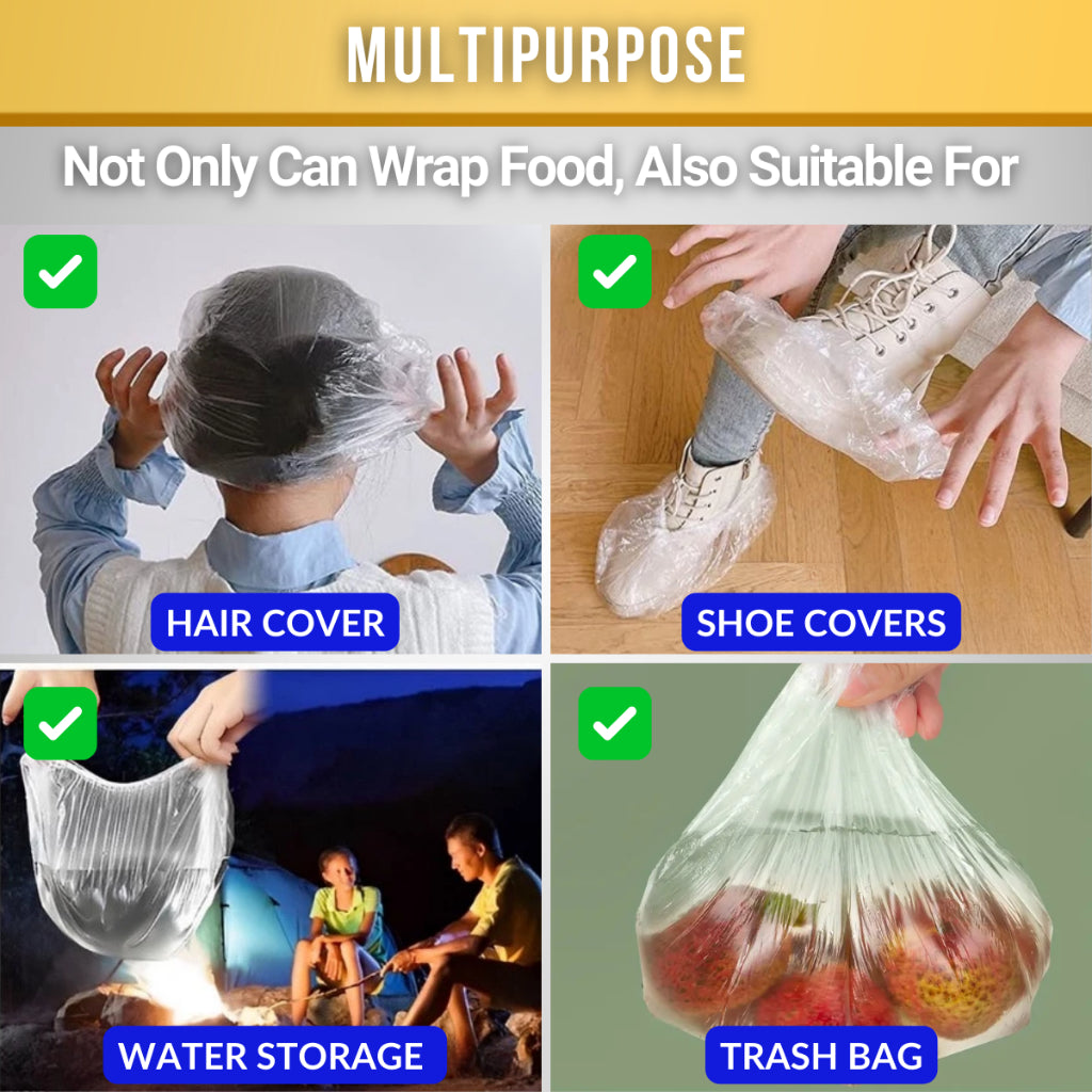 C&C 100pcs Penutup Makanan Pakai Buang Plastik Bungkus Elastik 100pcs Disposable Food Cover Wrap Plastic Elastic Wrap