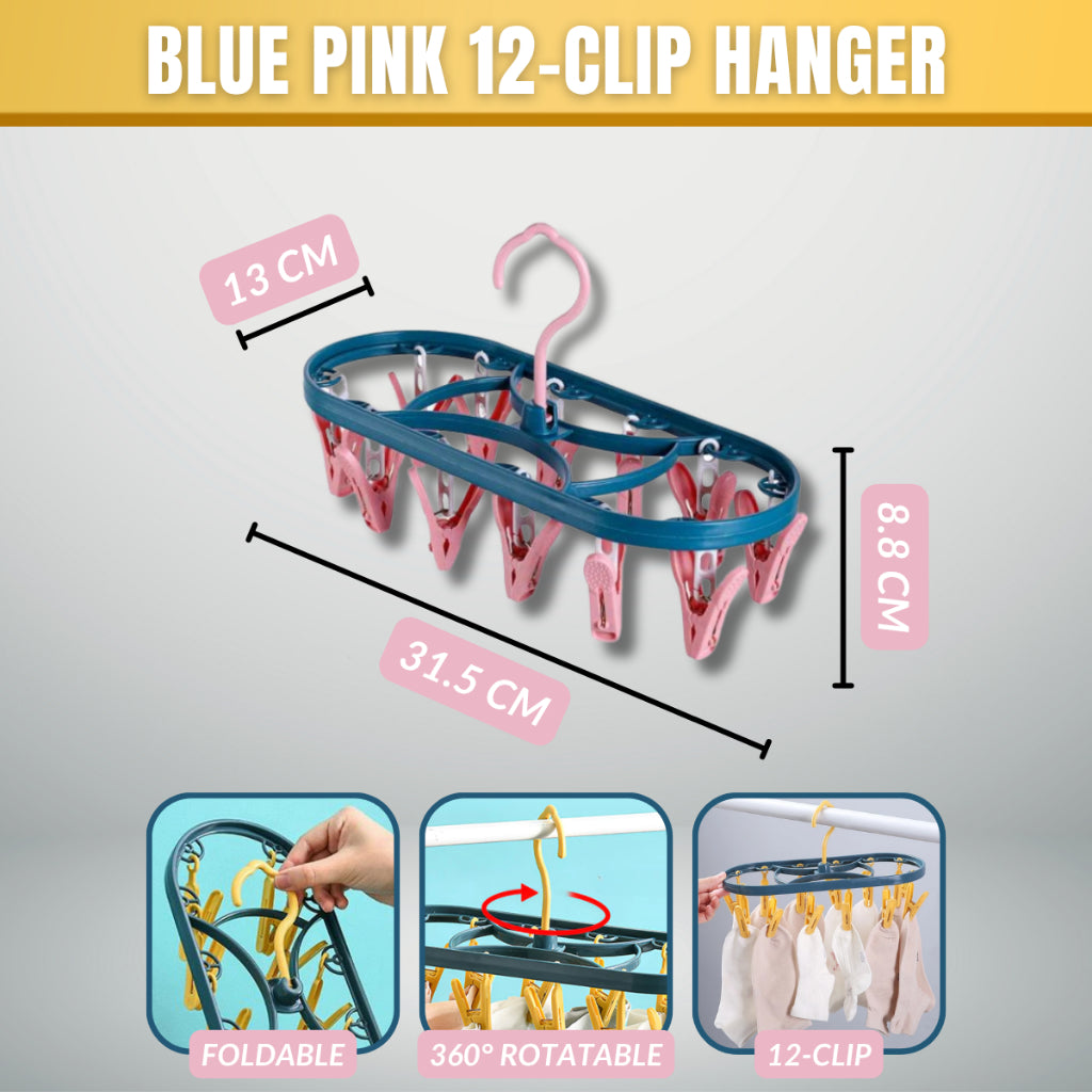 C&C 360 Degree Rotatable Foldable 12 Clips Laundry Hanger Windproof Penyangkut Baju Bra Socks 12
