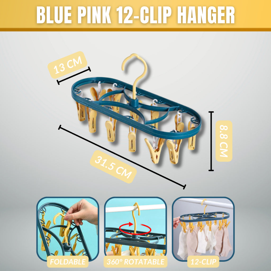 C&C 360 Degree Rotatable Foldable 12 Clips Laundry Hanger Windproof Penyangkut Baju Bra Socks 12