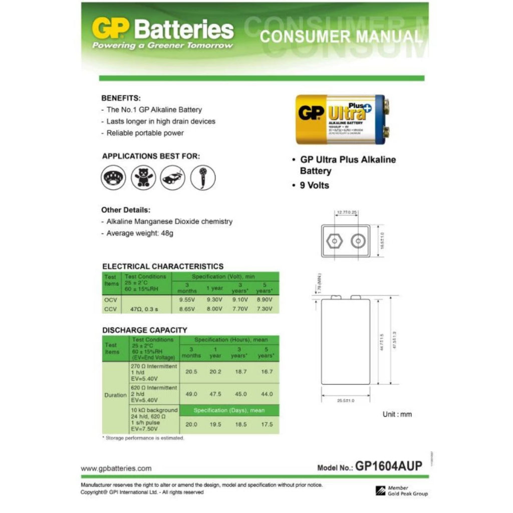 C&C GP 9V Ultra Plus Alkaline Battery GP CR1640A 9V Battery Cell Smart Tag Multimeter Battery