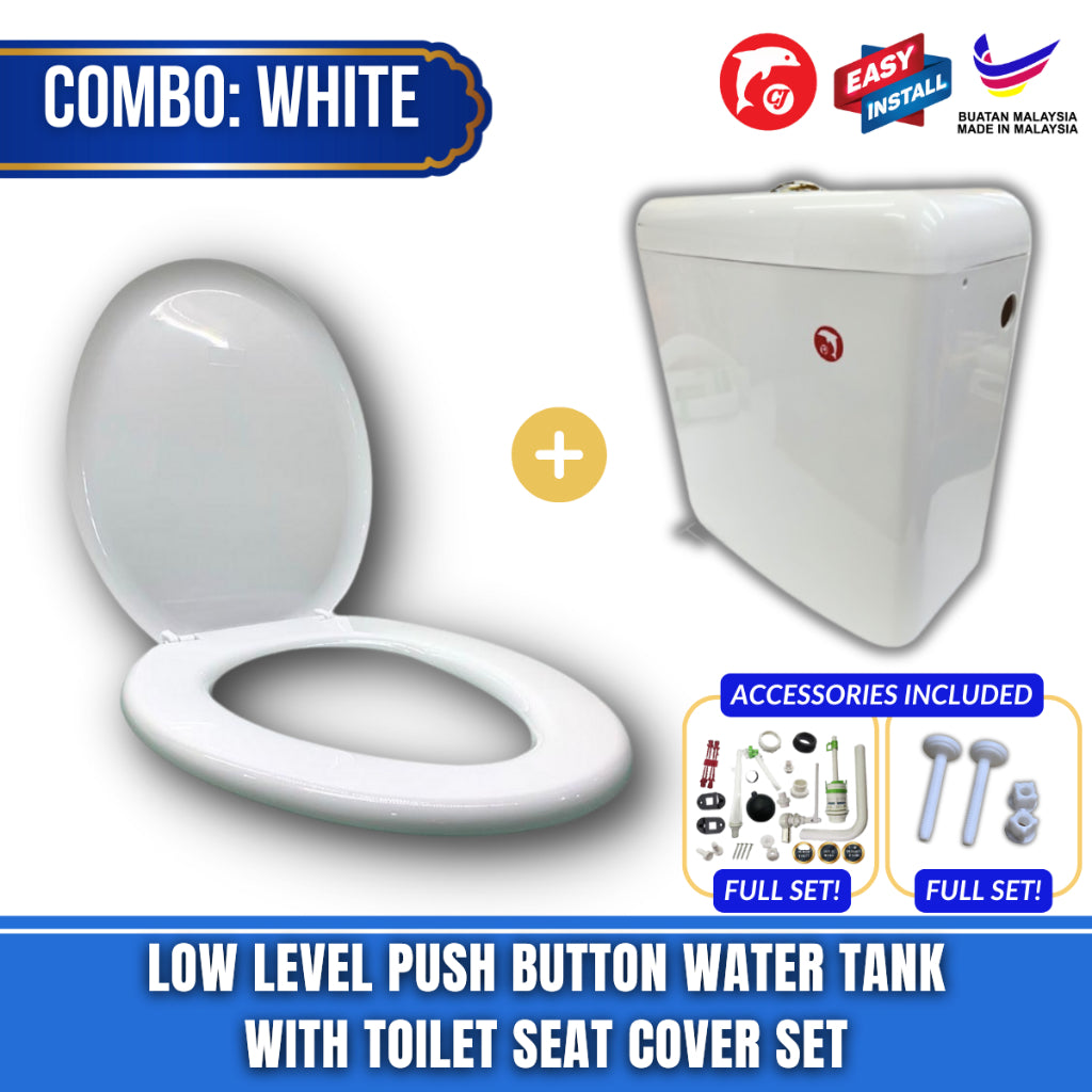 C&C Full Set White Toilet Water Tank Plastic Toilet Cistern + Toilet Seat Cover Combo With Free Accessories Screw Combo