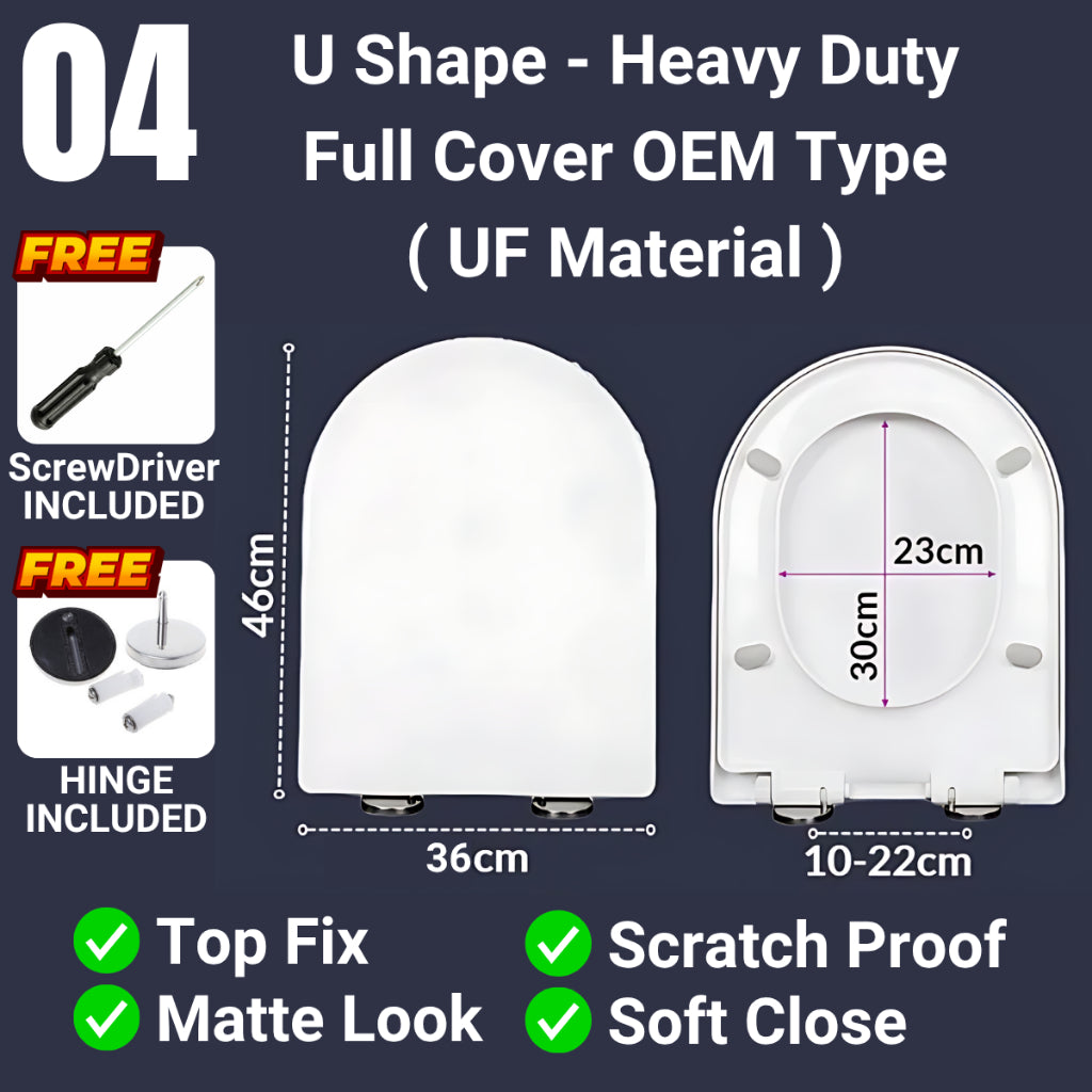 C&C Black U Shape Toilet Seat Cover With Soft Close Adjustable Hinge Penutup Mangkuk Duduk Tandas