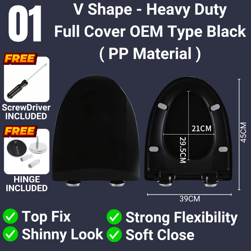 C&C Black V Shape Toilet Seat Cover With Soft Close Adjustable Hinge Penutup Mangkuk Duduk Tandas