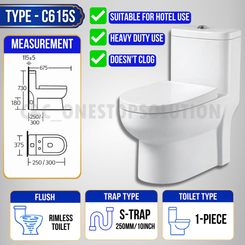 C&C Full Set S-Trap Toilet Bowl Black and Seat Cover Set lengkap Jamban Hitam Tandas 1Piece 2Piece Washdown Cyclone
