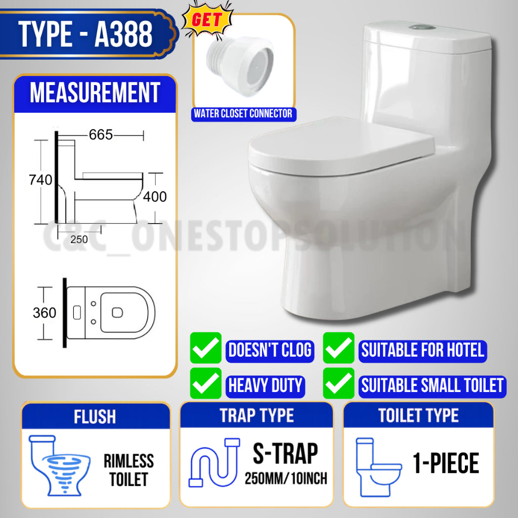C&C Full Set S-Trap Toilet Bowl Black and Seat Cover Set lengkap Jamban Hitam Tandas 1Piece 2Piece Washdown Cyclone