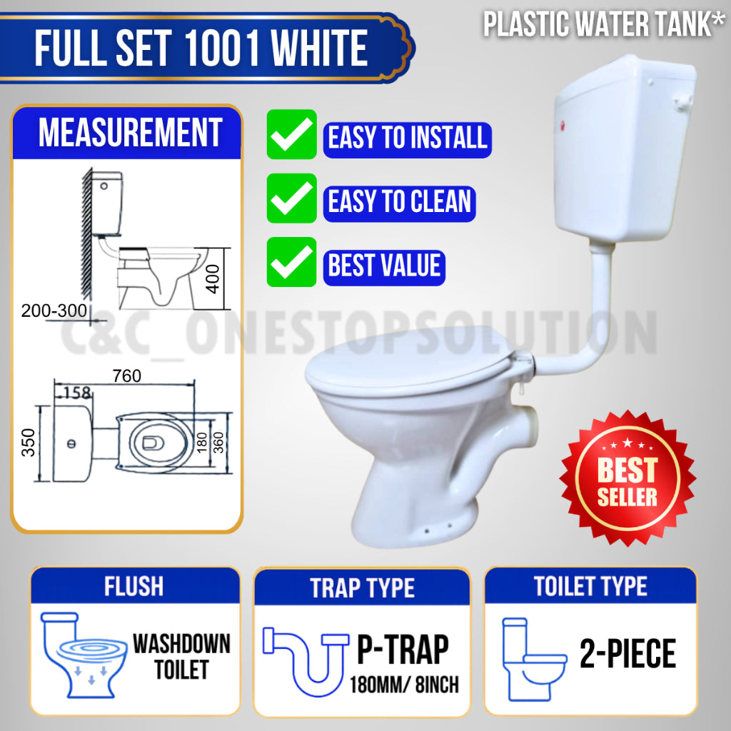 C&C Full Set P-Trap Toilet Bowl and Seat Cover Set lengkap Jamban Tandas Tandas 1Piece 2Piece Washdown Cyclone