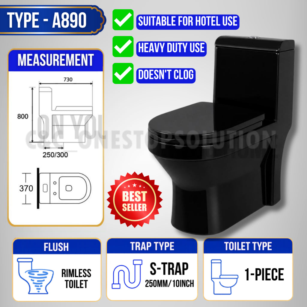 C&C Full Set S-Trap Toilet Bowl Black and Seat Cover Set lengkap Jamban Hitam Tandas 1Piece 2Piece Washdown Cyclone