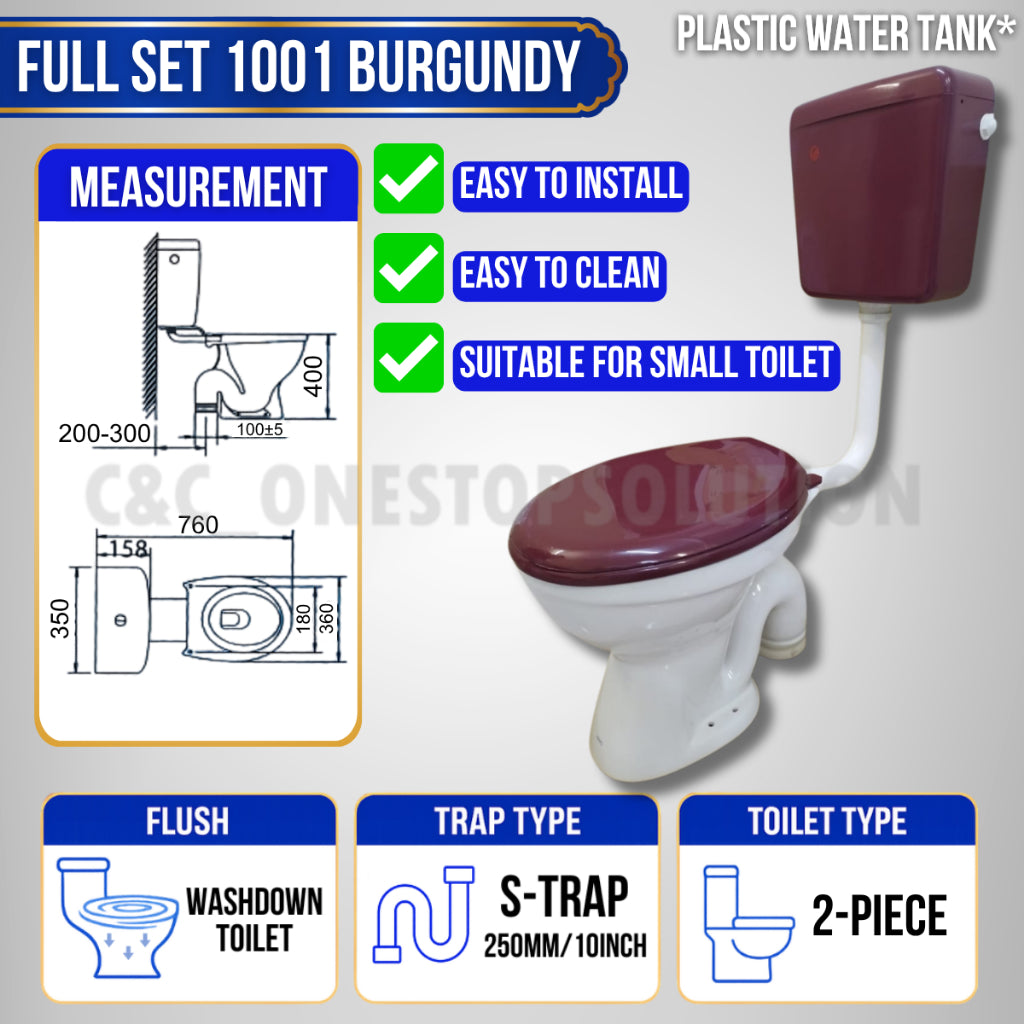 C&C Full Set P-Trap S-Trap Toilet Bowl with Water Tank and Toilet Seat Cover Set lengkap Jamban Tandas Washdown Cyclone
