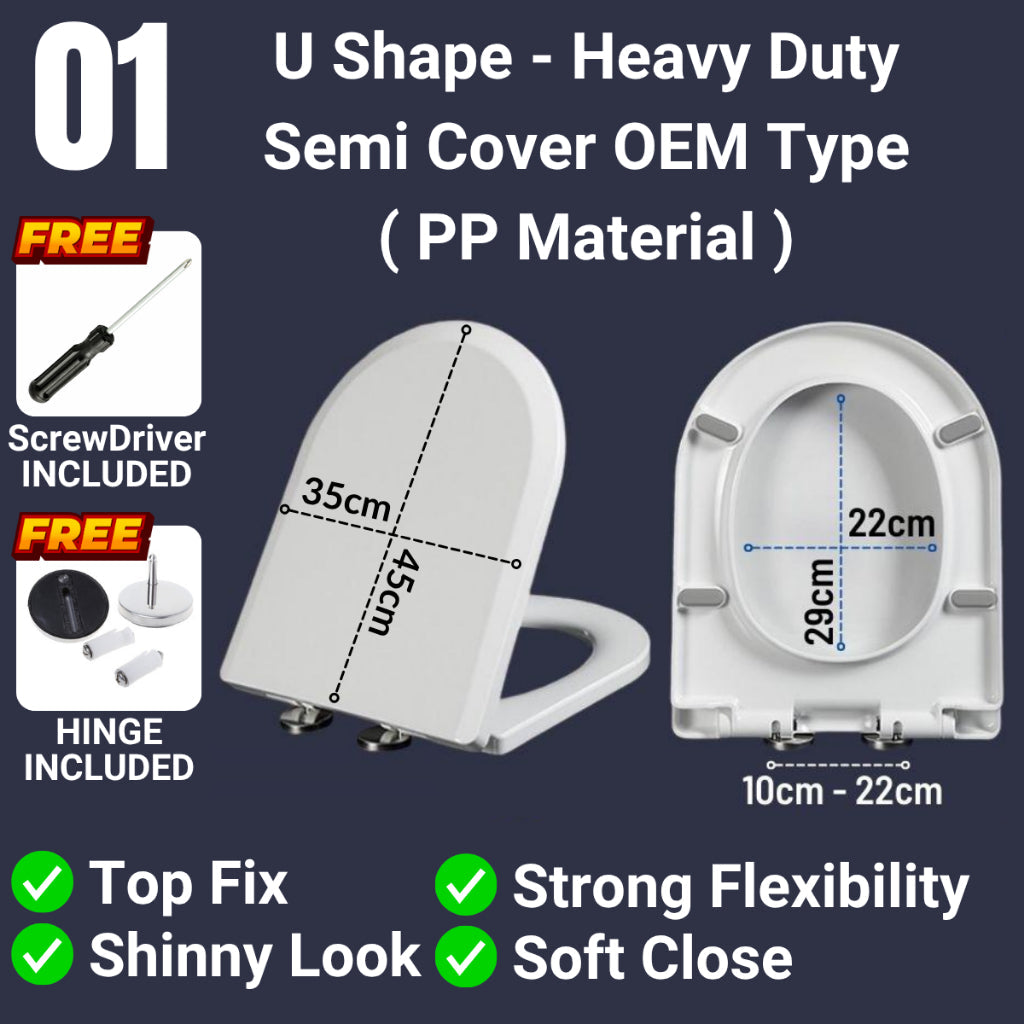 C&C D Shape Soft Close Toilet Seat and Cover Heavy Duty With Adjustable Hinge U Shape Penutup Mangkuk Tandas Johnson