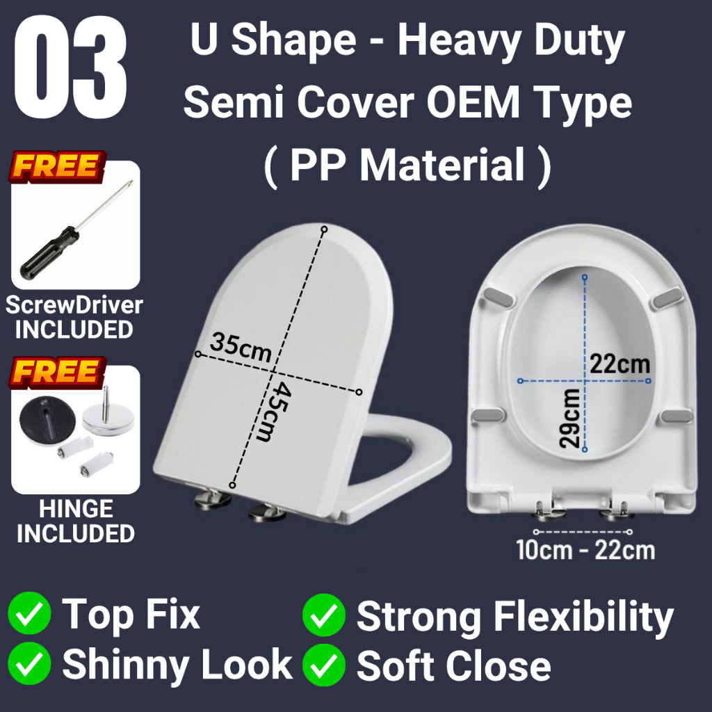 C&C Black U Shape Toilet Seat Cover With Soft Close Adjustable Hinge Penutup Mangkuk Duduk Tandas