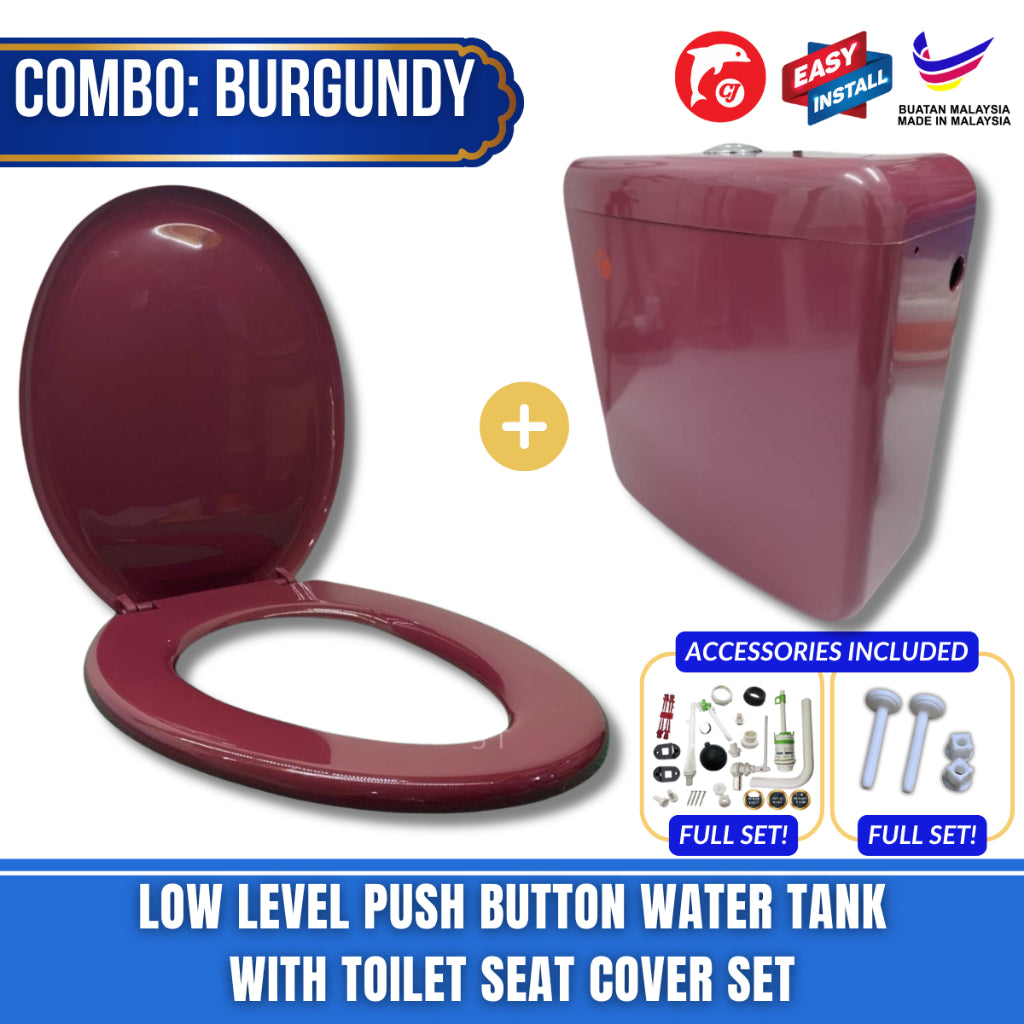 C&C Full Set Toilet Water Tank Plastic Toilet Cistern + Toilet Seat Cover Combo With Free Accessories Screw Hinge Combo