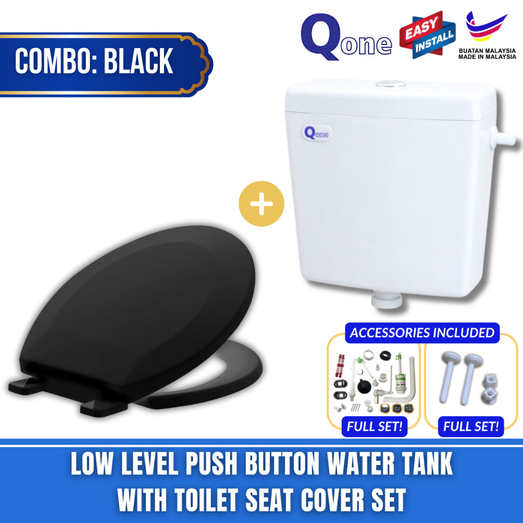 C&C Full Set White Toilet Water Tank Plastic Toilet Cistern + Toilet Seat Cover Combo With Free Accessories Screw Combo