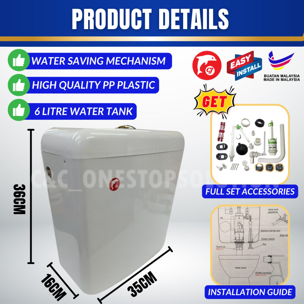 C&C Full Set White Toilet Water Tank Plastic Toilet Cistern + Toilet Seat Cover Combo With Free Accessories Screw Combo