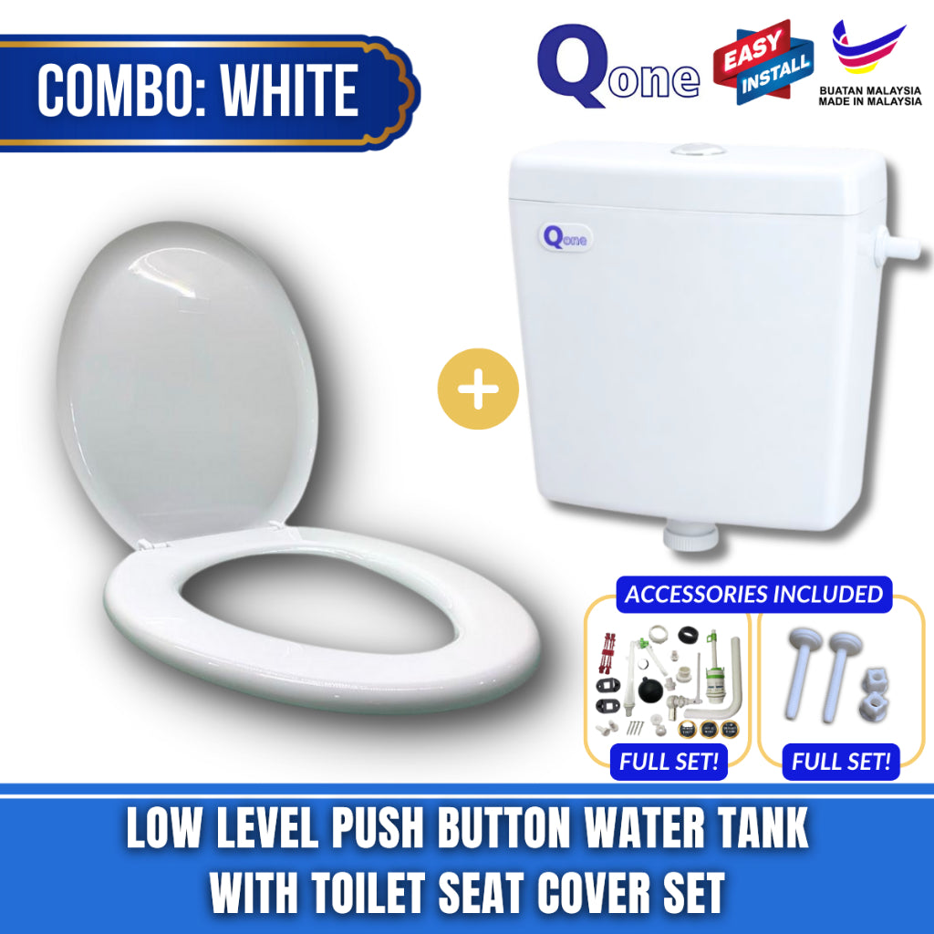 C&C Full Set Toilet Water Tank Plastic Toilet Cistern + Toilet Seat Cover Combo With Free Accessories Screw Hinge Combo