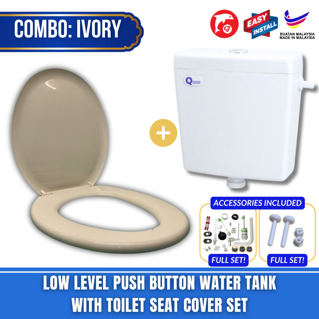 C&C Full Set White Toilet Water Tank Plastic Toilet Cistern + Toilet Seat Cover Combo With Free Accessories Screw Combo